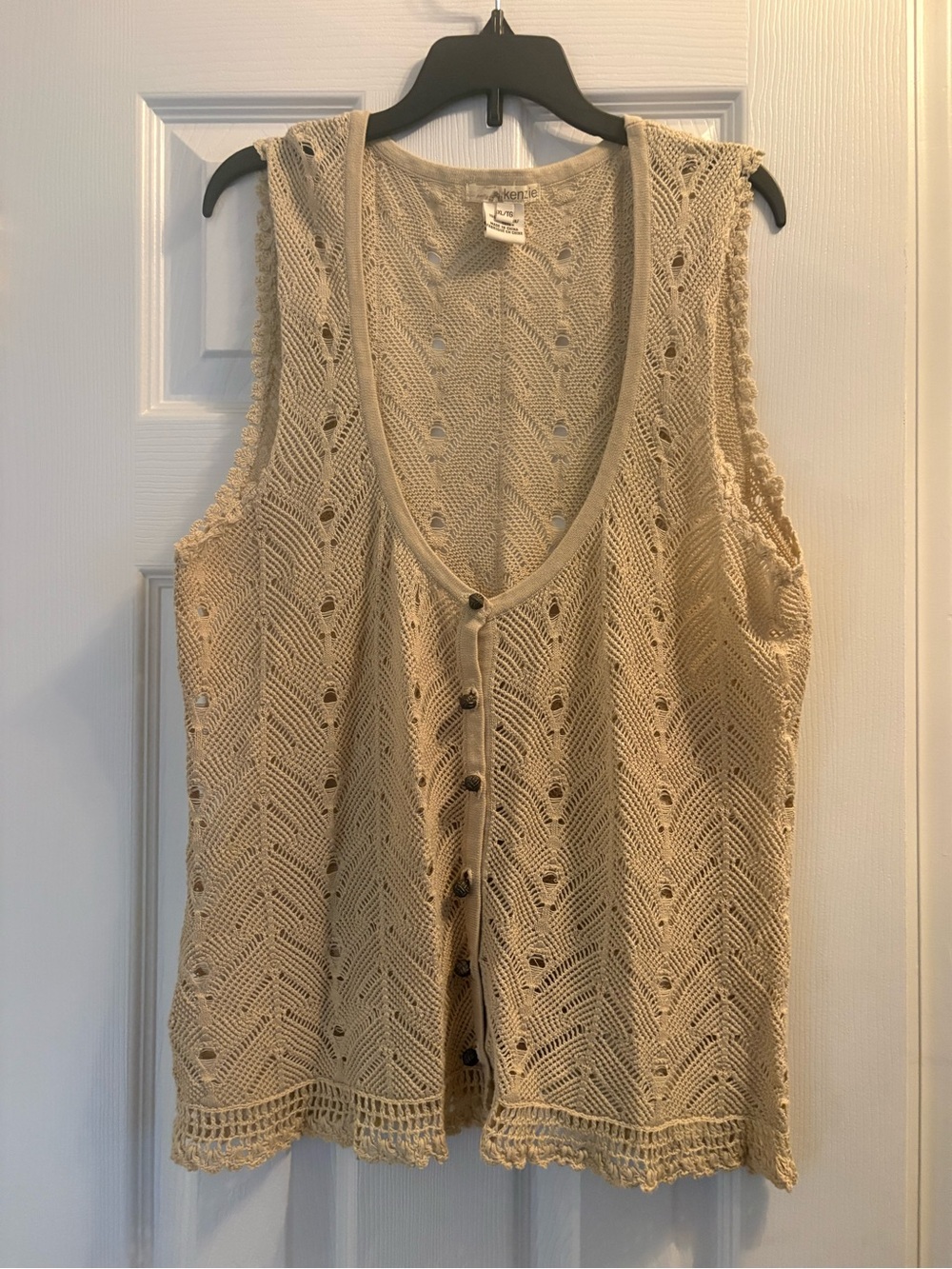 Kenzie Sleeveless Crochet Button-Front Vest in Beige